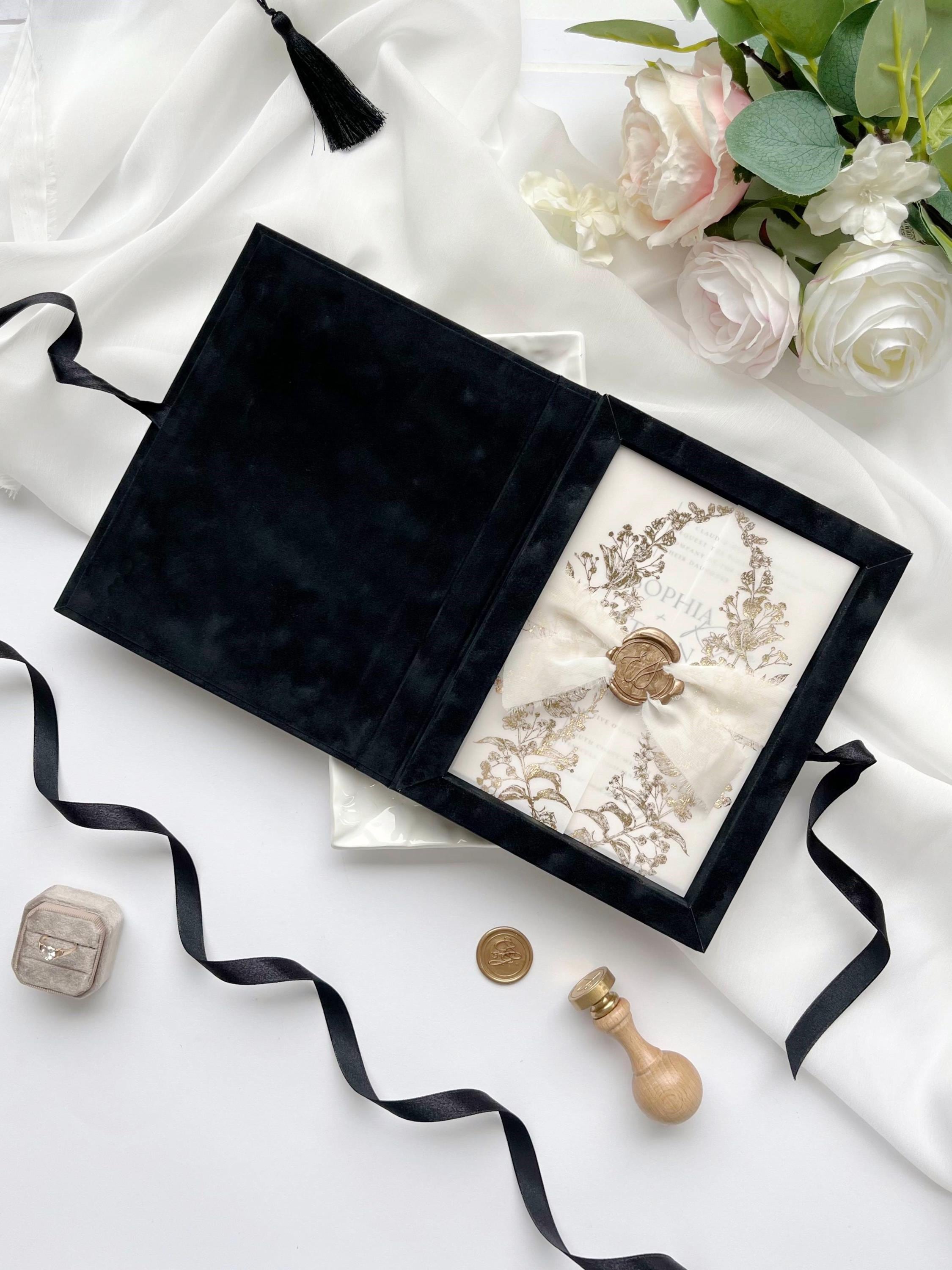 Black Velvet Box, Luxurious Wedding Invitation, Gold Foiling Monogram, Personalized Keepsake Box, Gold Foil Wax Seal