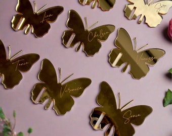 Etiqueta de bebida con forma de mariposa, etiqueta con nombre de mariposa, dije de bebida con forma de mariposa, tarjetas de lugar personalizadas para cumpleaños, etiquetas de bebida para boda