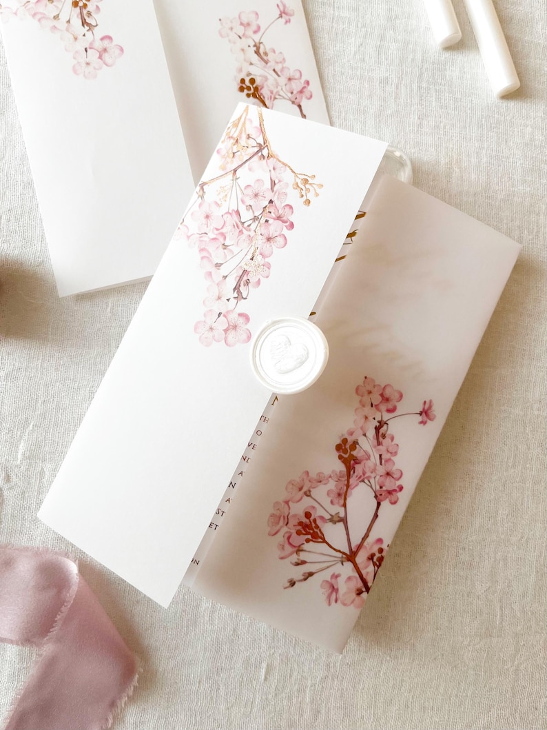 Cherry Blossom Vellum Jacket, 5x7 Sakura Flowers Invitation with Rose Gold Foil, Floral Vellum Wrap, Parchment Sleeve image 15