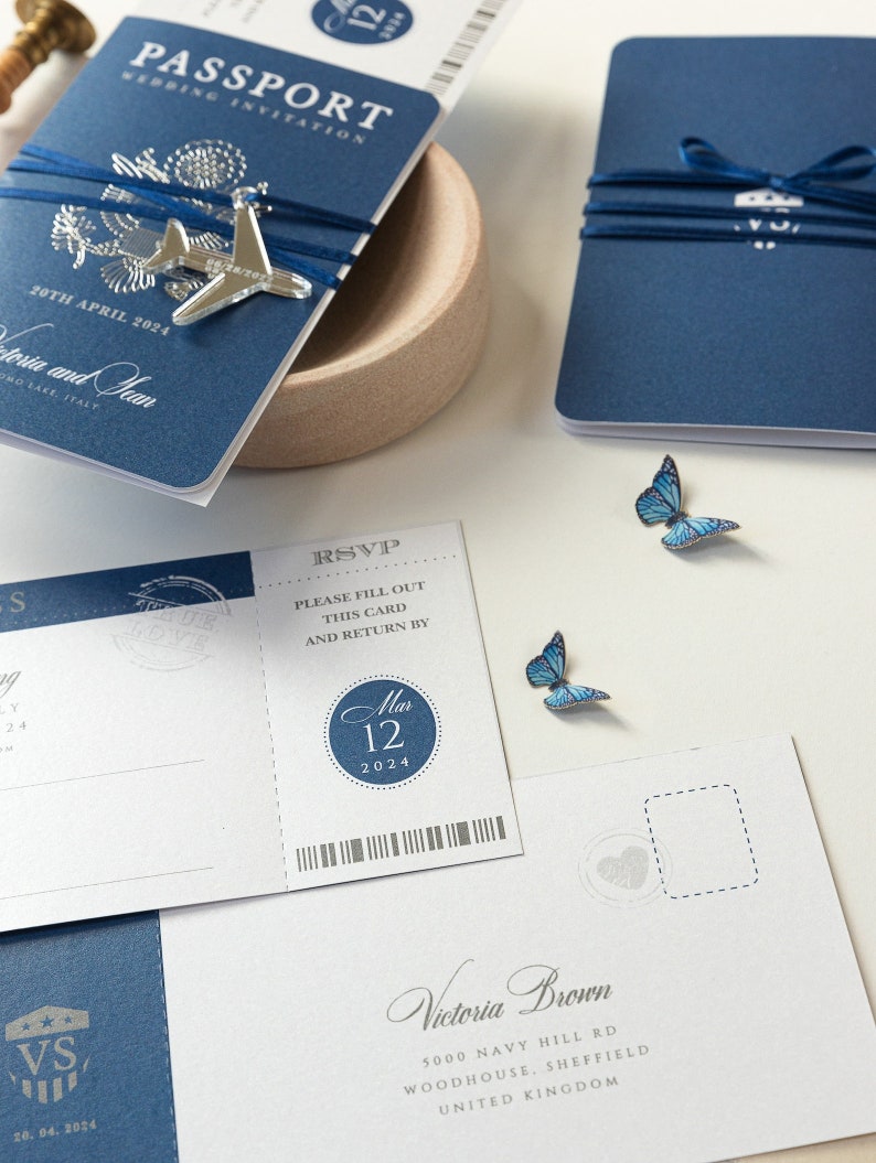 Navy Blue United States Passport Wedding Invitation With Silver Foil