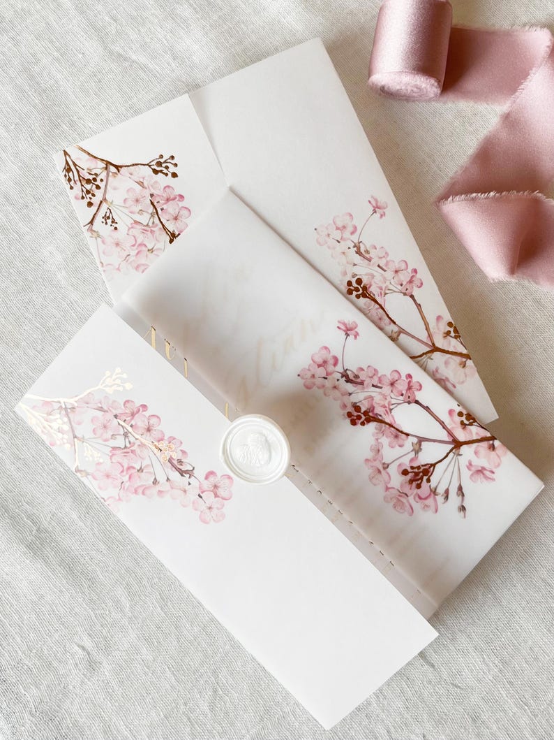 Cherry Blossom Vellum Jacket, 5x7 Sakura Flowers Invitation with Rose Gold Foil, Floral Vellum Wrap, Parchment Sleeve image 14
