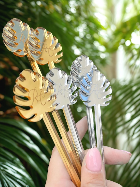 Personalized Monstera Leaf Drink Stirrers, Gold / Silver Mirror Acrylic  Cocktail Sticks, Tropical Wedding Decor