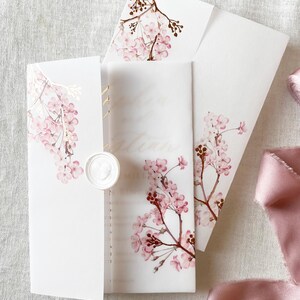 Cherry Blossom Vellum Jacket, 5x7 Sakura Flowers Invitation with Rose Gold Foil, Floral Vellum Wrap, Parchment Sleeve image 3