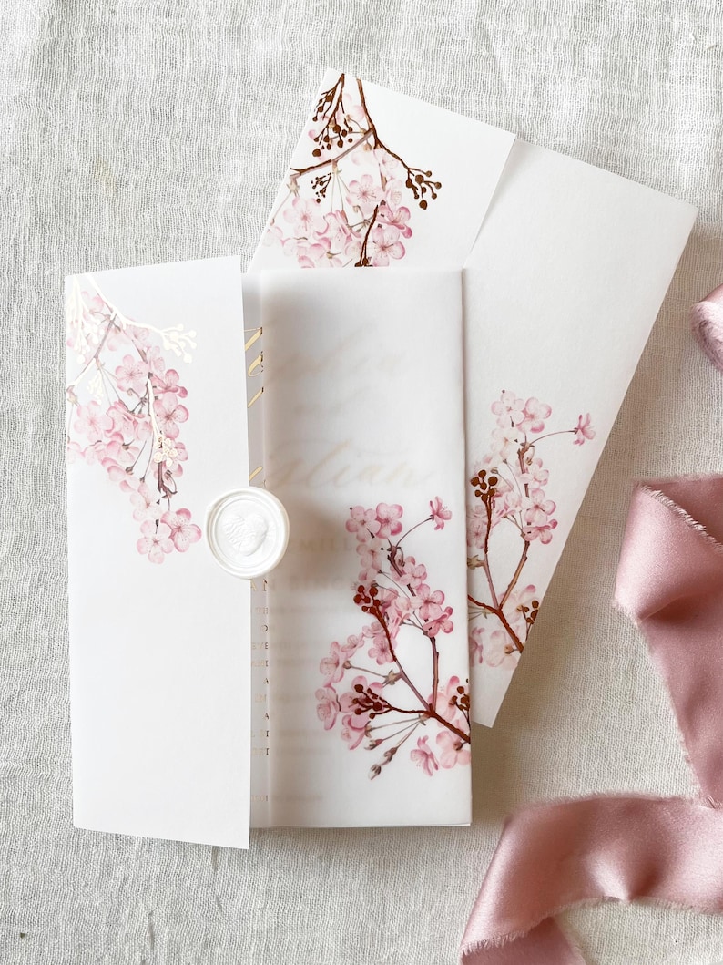 Cherry Blossom Vellum Jacket, 5x7 Sakura Flowers Invitation with Rose Gold Foil, Floral Vellum Wrap, Parchment Sleeve image 3