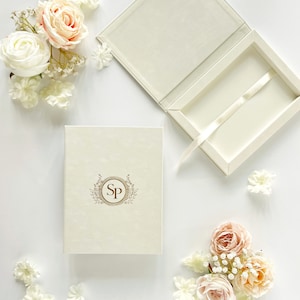 Cream Velvet Wedding Invitations Box, Gold Foiling Monogram Wedding Invitation 5x7, Personalized Keepsake Box