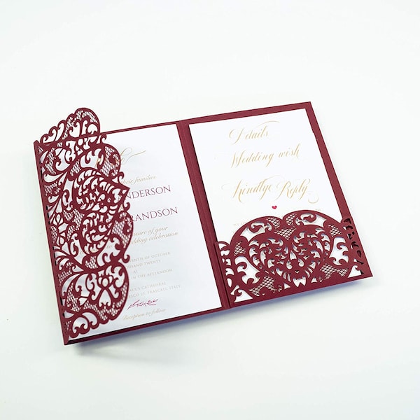 Burgundy Marsala Wine Pocket Wedding Invitations with Envelopes Laser Cut Cards Tri Fold Invitation Folder Pocketfold Invitation