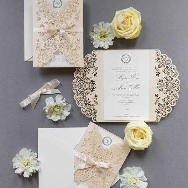 Intricate Elegant Lace Cream Wedding Day Invitation, Handmade Wedding Invitations with Envelopes Laser Cut Gatefold