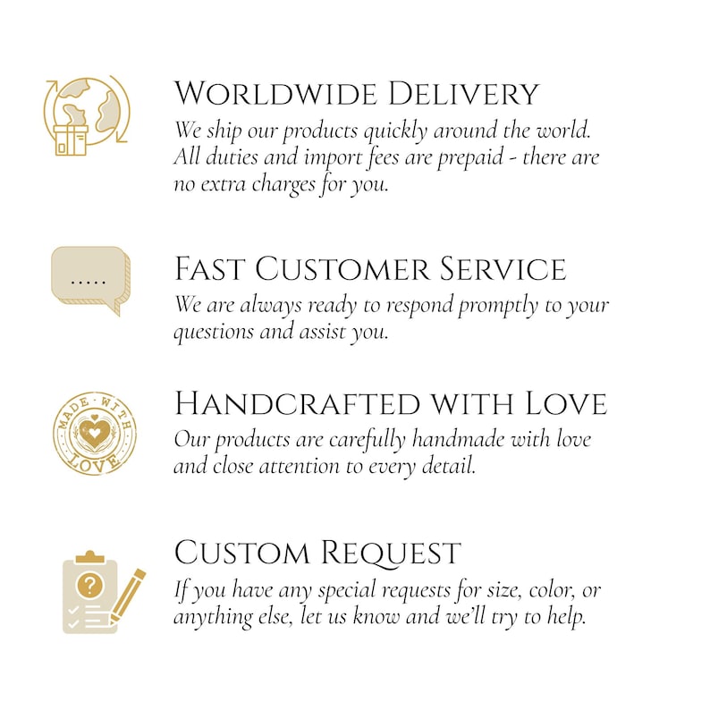 Puede incluir: Una infograf&iacute;a beige que presenta cuatro iconos y secciones de texto: Worldwide Delivery con un icono de globo terr&aacute;queo, Fast Customer Service con un bocadillo, Handcrafted With Love con un sello circular y Custom Request con portapapeles y l&aacute;piz.