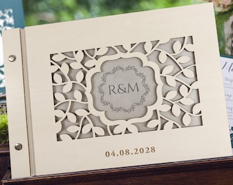 Personalized Wooden Book Engraved With Leaves, Rustic Wedding Guest Book, Custom Photo Album