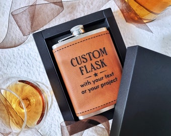 Personalized Leather Flask, Custom Flask With Your Text Or Design, Gift For Him Or Her, Groomsmen Gift, Birthday Gift