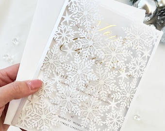 Cartes d'invitation flocon de neige blanches métalliques découpées au laser 5 x 7, fête d'anniversaire d'hiver, bricolage