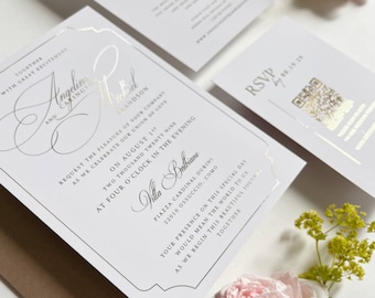 Invitaciones impresas con lámina dorada de 5x7 pulgadas con confirmación de asistencia y detalles - Papelería de boda de lujo con detalles metalizados, inserto de invitación personalizado