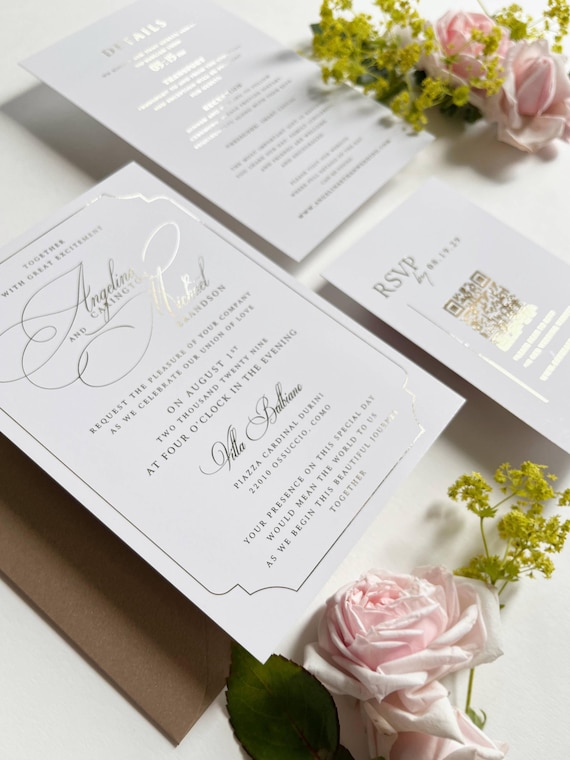 Gold Foil Printed Invitations 5x7 with RSVP and Details - Luxury Foiled Wedding Stationery, Custom Invitation Insert