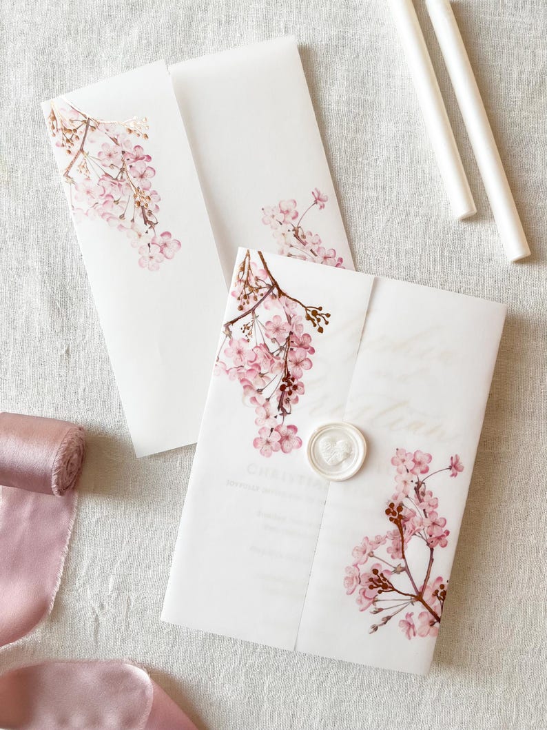Cherry Blossom Vellum Jacket, 5x7 Sakura Flowers Invitation with Rose Gold Foil, Floral Vellum Wrap, Parchment Sleeve image 11
