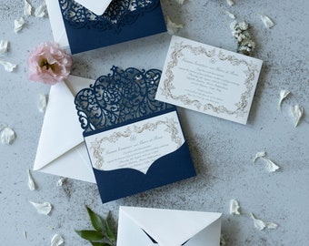 Navy Blue Laser Cut DIY Wedding Invitations Set Pocket with Free Envelopes Gold Foiled Blank or Printed Insert Floral Elegant KIT