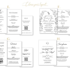 Puede incluir: Cuatro juegos de invitaciones de boda etiquetados como E, F, G y H, cada uno con una invitaci&oacute;n principal, una tarjeta de detalles y una tarjeta RSVP con un c&oacute;digo QR. Los dise&ntilde;os est&aacute;n impresos en tinta negra sobre papel blanco con varios estilos.