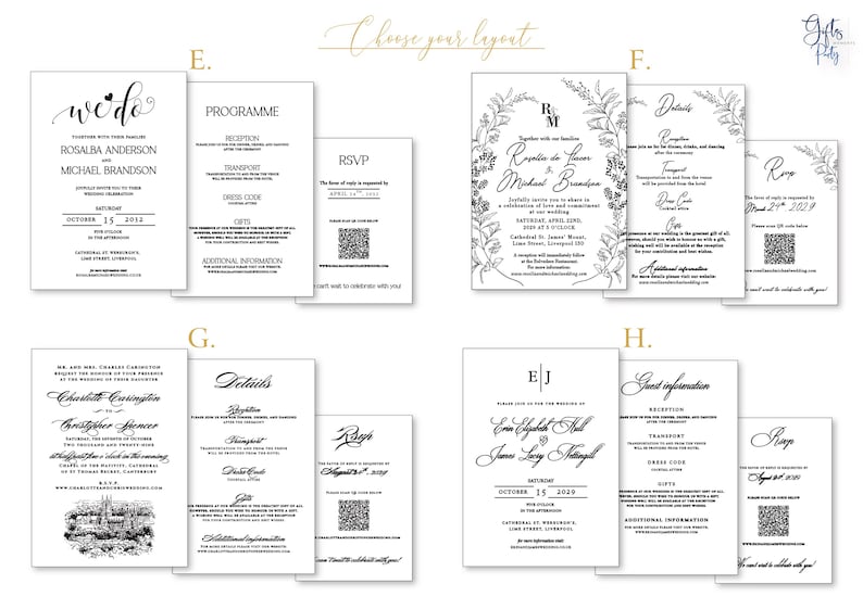 Puede incluir: Cuatro juegos de invitaciones de boda etiquetados como E, F, G y H, cada uno con una invitaci&oacute;n principal, una tarjeta de detalles y una tarjeta RSVP con un c&oacute;digo QR. Los dise&ntilde;os est&aacute;n impresos en tinta negra sobre papel blanco con varios estilos.