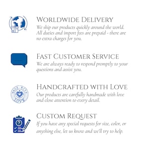 Peut inclure: Un graphique blanc avec quatre sections de texte et d'ic&ocirc;nes. Les sections incluent "Livraison mondiale", "Service client rapide", "Fabriqu&eacute; &agrave; la main avec amour" et "Demande personnalis&eacute;e". Les ic&ocirc;nes sont un globe, une bulle de dialogue, un c&oelig;ur et un presse-papiers.