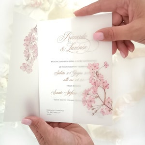 Kirschblüten-Pergamentjacke, Sakura-Blumen-Einladung, Blumenpergamentverpackung 5x7, Blumenpergamenthülle