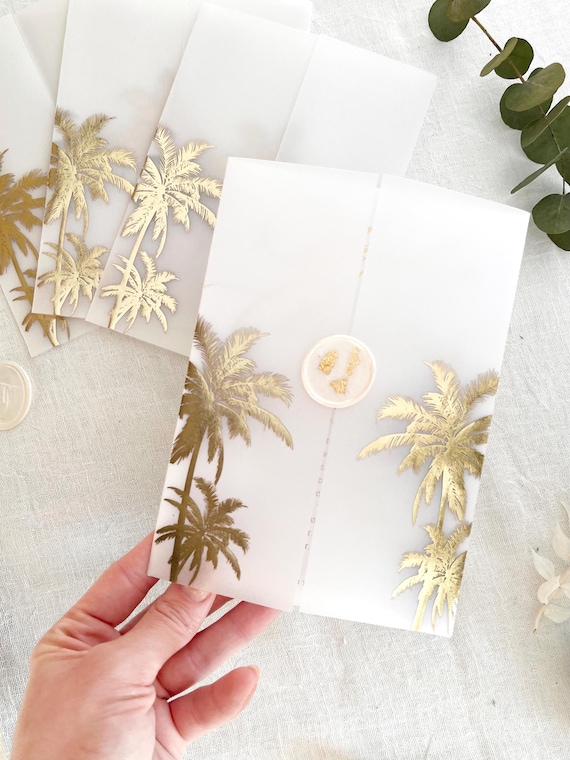 Tropical Vellum Jacket with Real Gold Foil Palm Tree Design for 5x7 Invitations