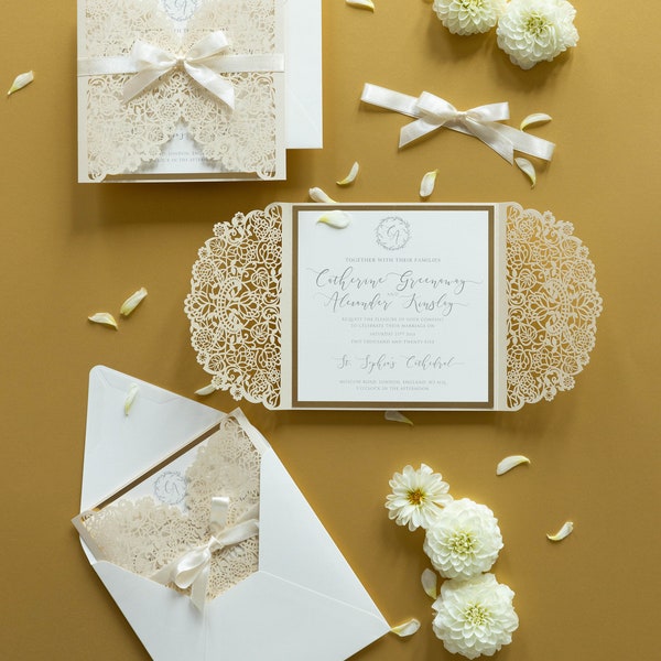 Cream Elegant Invitations with Metalized Gold Foil Inserts and Envelopes Cards Laser Cut Lace Cover Ribbon Tie