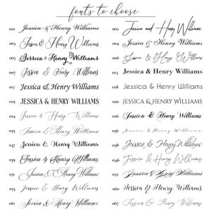 Może przedstawiać: Na białym tle prezentowane są czcionki. Tekst "fonts to choose" znajduje się u g&oacute;ry. R&oacute;żne style czcionek wyświetlają imiona "Jessica & Henry Williams" i numer.