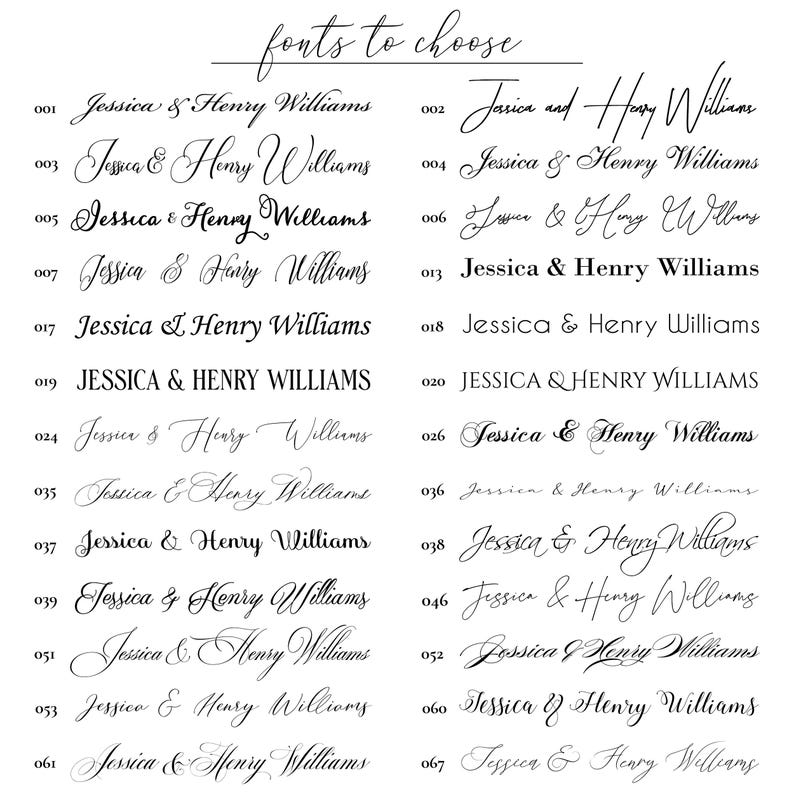 Może przedstawiać: Na białym tle prezentowane są czcionki. Tekst "fonts to choose" znajduje się u g&oacute;ry. R&oacute;żne style czcionek wyświetlają imiona "Jessica & Henry Williams" i numer.