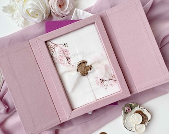 Gatefold Linen Box for 5x7 Wedding Invitation with Magnetic Closure, Misty Rose Keepsake Box