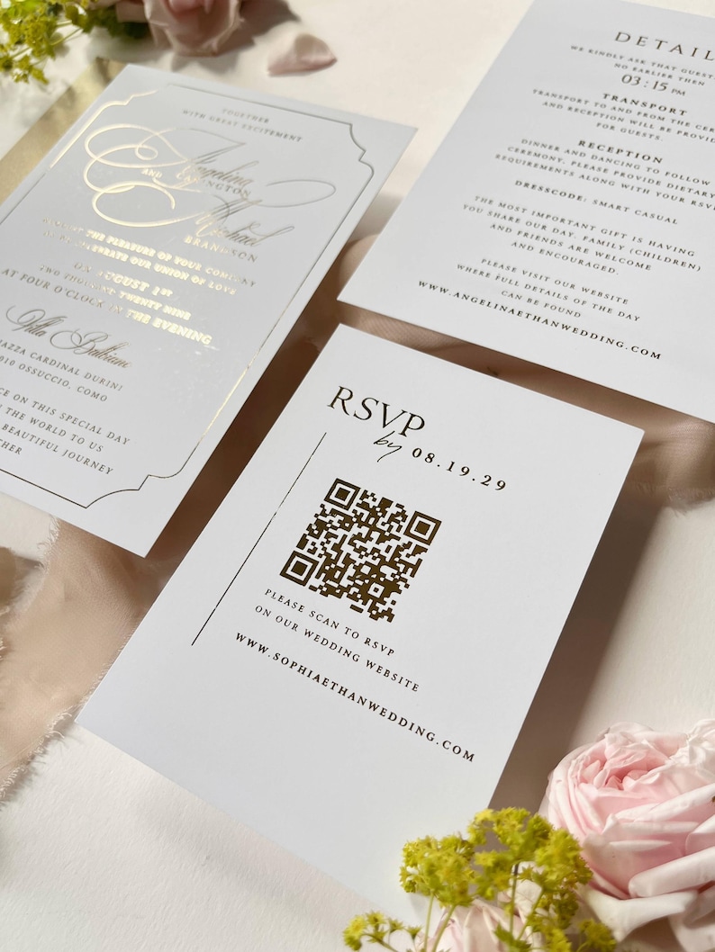 Invitaciones impresas con lámina dorada de 5x7 pulgadas con confirmación de asistencia y detalles - Papelería de boda de lujo con detalles metalizados, inserto de invitación personalizado imagen 10