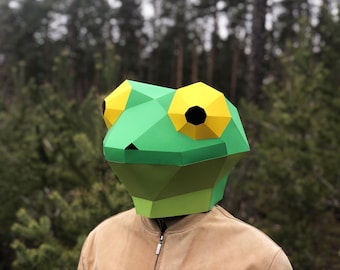 DIY Frosch-Maske: basteln Sie Ihre eigene mit einer Low-Poly-Vorlage und einer einfachen Anleitung. Verwandle dich in einen süßen Frosch oder eine Eidechse! PDF-Download beim Kauf