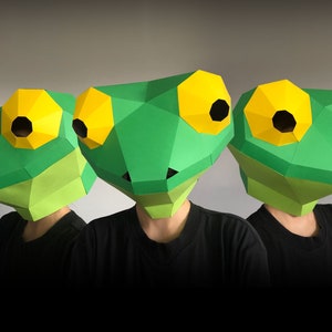 Op de afbeelding: Drie groene papieren maskers van een kikker met gele ogen en zwarte pupillen. De maskers worden gedragen door mensen met zwarte shirts.