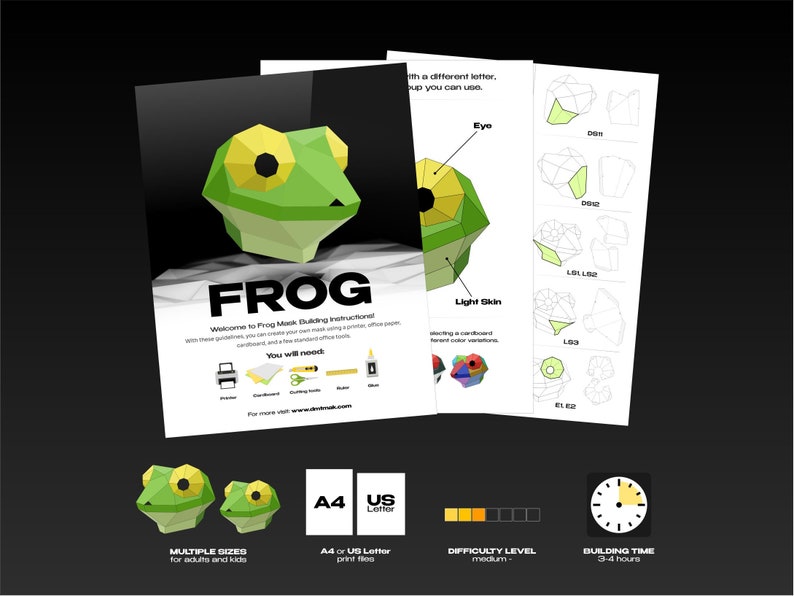 Op de afbeelding: Een bouwhandleiding voor een groen origami-kikker-papiermodel met een moeilijkheidsgraad van gemiddeld en een bouwtijd van 3-4 uur. De handleiding bevat meerdere formaten voor volwassenen en kinderen en is beschikbaar in A4- of US Letter-printbestanden.