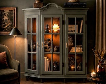 Vintage Vitrine 3 Türen Glasfronten Upcycling Metallfüsse anthrazit/ Holz 2 Regalböden Handbemalt Unikat