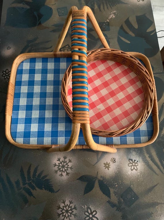 Rétro Körbeset Kariert rotweiss/blauweiß Vintage Körbe 60’s Tragetablett Rattan