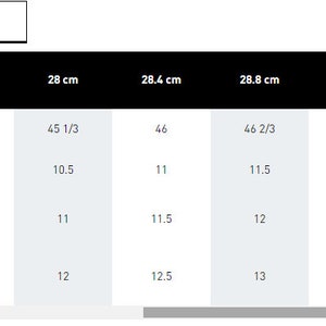 Pode incluir: Tabela de tamanhos de sapatos em tamanhos US, UK e EU, bem como em cent&iacute;metros e polegadas. A tabela mostra tamanhos de 27,6 cm a 29,7 cm.