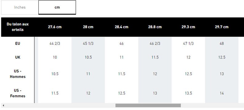 Pode incluir: Tabela de tamanhos de sapatos em tamanhos US, UK e EU, bem como em cent&iacute;metros e polegadas. A tabela mostra tamanhos de 27,6 cm a 29,7 cm.