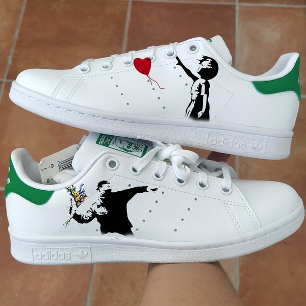 Stan Smith personalizado - Zapatos personalizados Nike AF1 -Zapatos pintados a mano, zapatos pintados a mano de puntada, zapatos, zapatillas de deporte únicas pintadas a mano Bansky