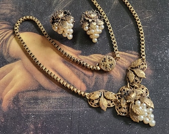 Set - Faux Pearl Grapes Necklace and Screw on Earrings