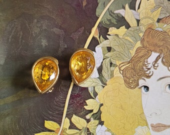 David Grau Yellow Crystal Clip On Earrings - 1990s Designer Jewelry