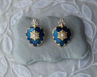 Posts - Blue Enamel Crystal and Pearl Heart Earrings
