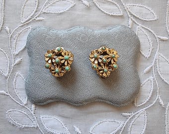 Vintage Mint Green Enamel Flower Clip On Earrings
