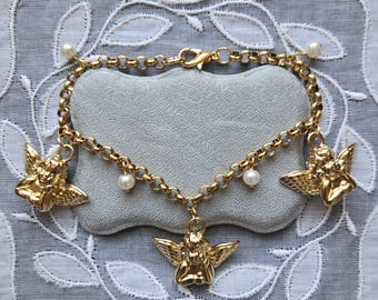 Armband - Gold Engel und Perle Charm Armband