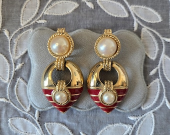 Boucles D'oreilles Vintage – Clips Or Avec émail Rouge – état Impeccable