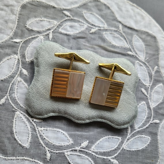 Cuff links - Square Mother of Pearl and Gold Stri… - image 2