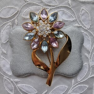 Brooch - Light Blue and Violet Crystals Flower Stem Brooch