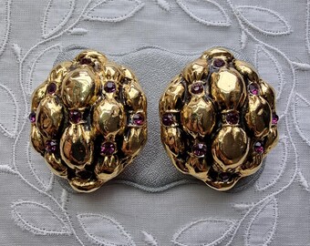 Purple Crystal Clip On Earrings - Gold Plated Dome Design