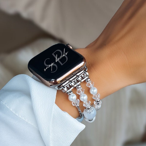 Pulsera de perlas para Apple Watch, banda de piedras preciosas compatible con iWatch, bandas de cuentas de repuesto hechas a mano elásticas de oro rosa para mujer Moda