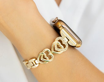 Gold Watch Bands for Apple Watch Series 11 10 9 8 7 6 SE, 38mm 40mm 41mm 42mm 45mm 46mm 49mm, Heart band cuff loop for iWatch, Gift For Her