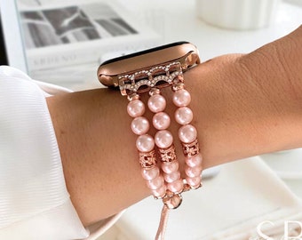 Perlenarmband für Apple Watch Band, Edelstein-Roségold-Band kompatibel mit iWatch, einzigartiger Uhrenarmband-Ersatz, Geschenk für Sie MEI