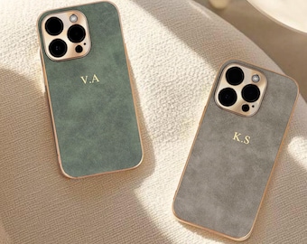 Personalized Suede iPhone Case for iPhone 16 15 14 13 Pro Max Initials Engraving Monogram Leather Phone case Gift idea for her Custom Case